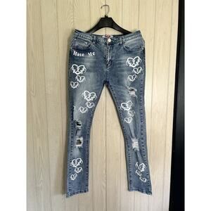 HATE ME 3m Reflective Heart Print Unisex Streetwear Jeans Size 32 Made In China